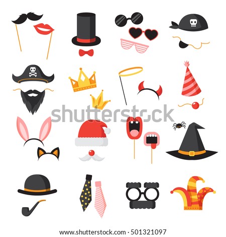 Photo booth party icons set with ears beard and glasses flat isolated vector illustration  Royalty-Free Stock Photo #501321097