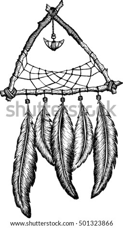 Dreamcatcher with feathers. Native American Indian talisman. Vector hand drawn illustration