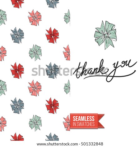 Vector greeting card for wedding, bridal, birthday, Valentine's day, new year, Christmas. Seamless pattern with bows on one side, on another inscription: thank you.