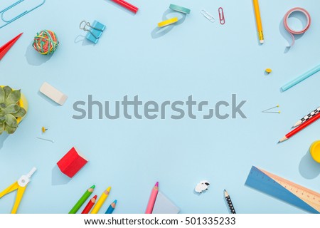 Back to school concept. School and office supplies on office table. Flat lay with copy space.