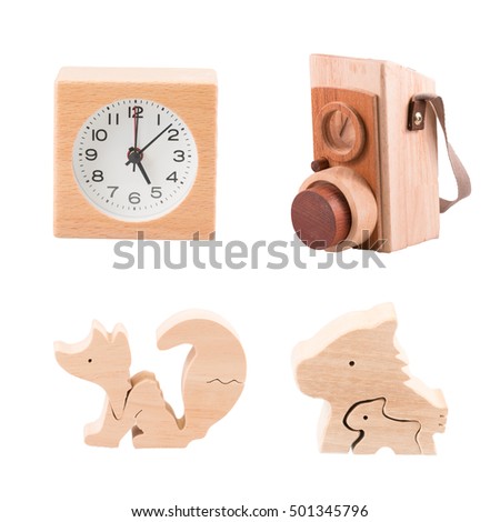 Isolated Wooden toys of clock, camera, fog and dogs with white background