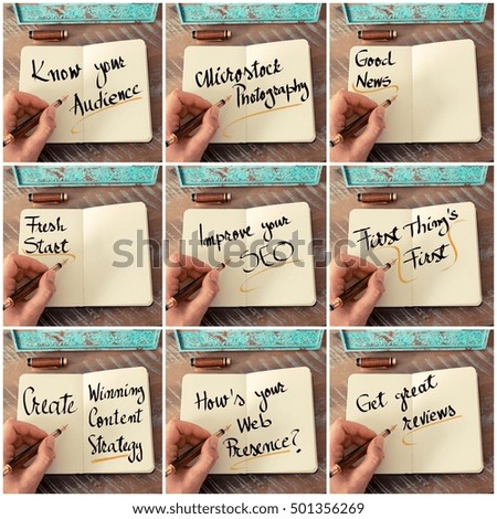 Photo collage of handwritten business motivational messages. Retro effect and toned image of a woman hand writing a note with fountain pen on a notebook as business concept image.