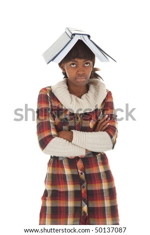 Female black student with folded arms and book on head