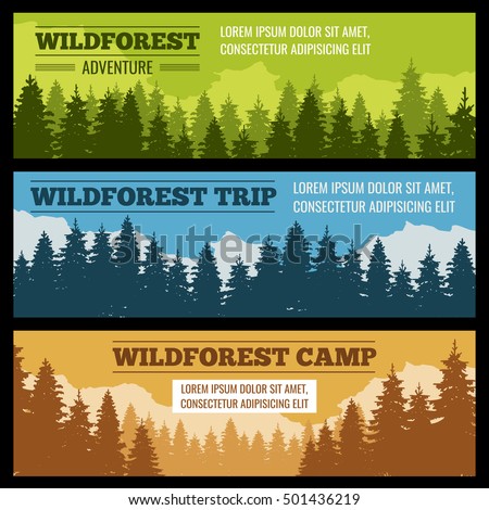 Journey, camping vector banners set with pine tree silhouettes. Poster or card with evergreen forest or park illustration