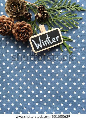 Winter. Christmas background for your text.  Hello winter. Winter chalkboard. WInter cones. Christmas textile. 