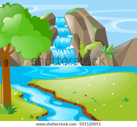 Scene with river and waterfall illustration