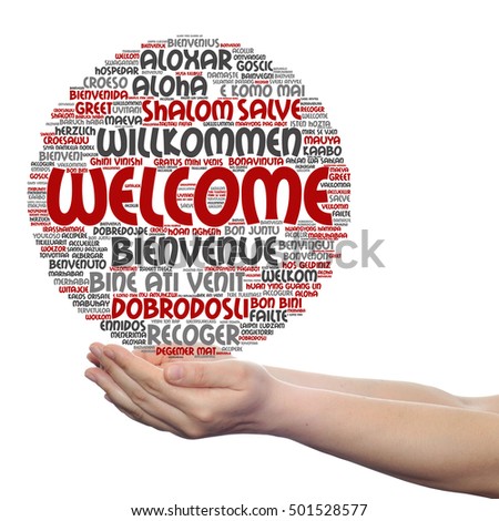 Concept conceptual abstract welcome or greeting international word cloud in hand, different languages or multilingual isolated metaphor to world, foreign, worldwide, travel, translate vacation tourism