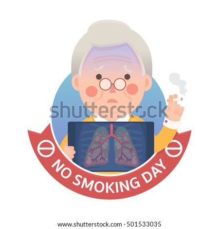 Vector Illustration of Old Man Smoking Cigarette While Holding X-ray Image Showing Lung Pulmonary Emphysema Problem With No Smoking Day Ribbon Sign, Cartoon Character
