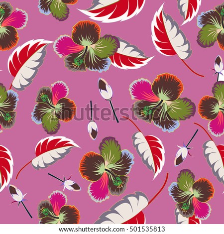 Vector sketch of many abstract multicolored flowers on a pink background. Hand drawn seamless pattern flower illustration. Multicolor seamless abstract floral background.