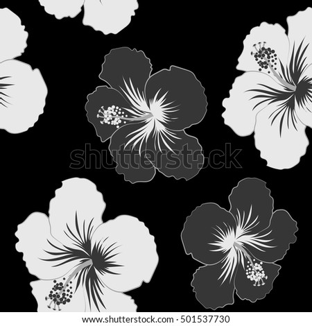 Aloha Hawaiian Shirt vector seamless Hibiscus Pattern On black Background in gray and neutral Colors.