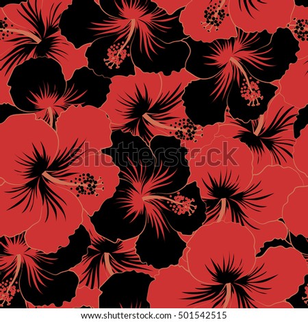 Creative universal floral pattern in black and red colors. Hand Drawn tropical style texture. Ideal for web, card, poster, fabric or textile. Vector seamless pattern of hibiscus flowers.