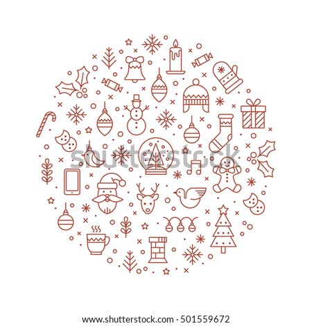 Christmas celebration illustration with new year and christmas symbols. Christmas flyer made in trendy monoline style.