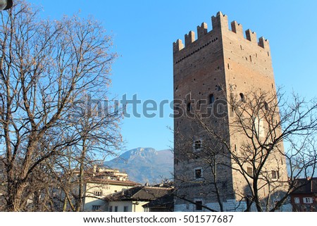 Vanga Tower in Trento, Italy. Popular touristic european destination. Trento city view Royalty-Free Stock Photo #501577687
