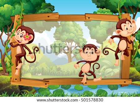 Frame design with three monkeys in the woods illustration