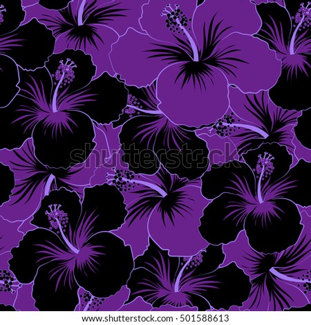 Hibiscus flowers in black and violet colors. Watercolor painting effect, of black and violet hibiscus flowers, blossom with leaves isolated. Hand drawn sketch.