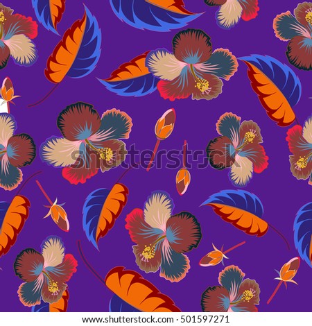 Vector hibiscus pattern. Multicolored floral seamless pattern with hibiscus flowers, watercolor hand drawing style on violet background. Design for invitation, wedding or greeting cards.