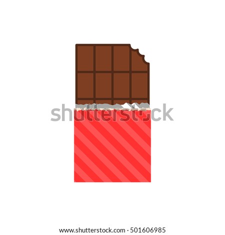 Vector isolated image of chocolate on white background in flat style. Icon sweets. Symbol with torn label. Chocolate bar in modern minimal design. Milk cocoa product. Tasty dessert. EPS 10 GPEG.Bitten