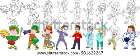 Painter, photographer, firefighter (fireman), mime actor, porter (bellboy, bellman, doorman, doorkeeper), nurse, doctor, scientist, astronaut (spaceman, cosmonaut). Coloring book pages for kids.