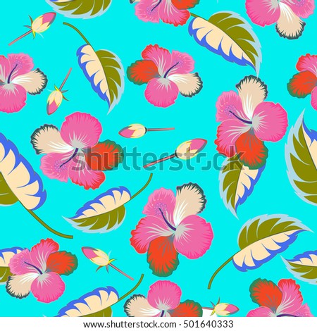 Multicolored hibiscus flowers and buds retro seamless illustration on blue background.