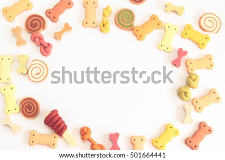 Delicious of dog biscuits , dog snack or dog chew of copy space on the white , Can use background , Advertising for pet food. Royalty-Free Stock Photo #501664441