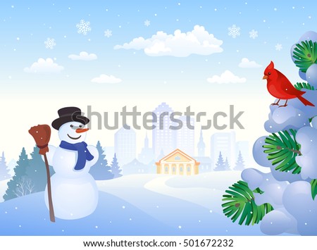 Vector illustration of a winter city park with a snowman, cardinal bird and snow covered fir tree branches