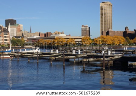 Buffalo, NY Skyline At  Late Afternoon In October With Buffalo Harbor And Erie Basin Marina
