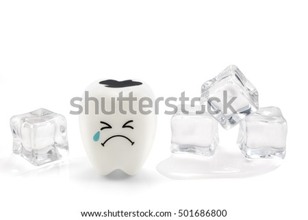 Tooth decay sensitive is crying with cold ice,  isolated on white background with clipping path.