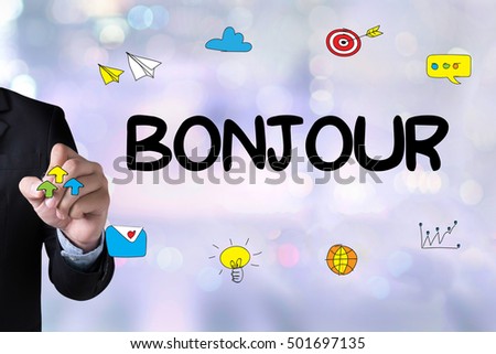 Hi Greet  hi Bonjour Ciao Hola Hello and Businessman drawing Landing Page on white background