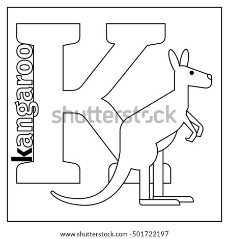 Coloring page or card for kids with English animals zoo alphabet. Kangaroo, letter K vector illustration