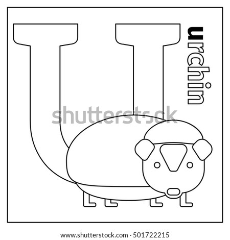Coloring page or card for kids with English animals zoo alphabet. Urchin, letter U vector illustration