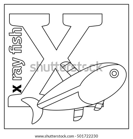 Coloring page or card for kids with English animals zoo alphabet. X ray fish, letter X vector illustration