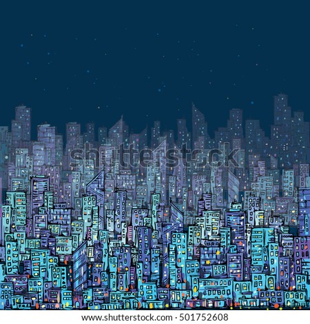 Cityscape at night. hand drawn, vector illustration