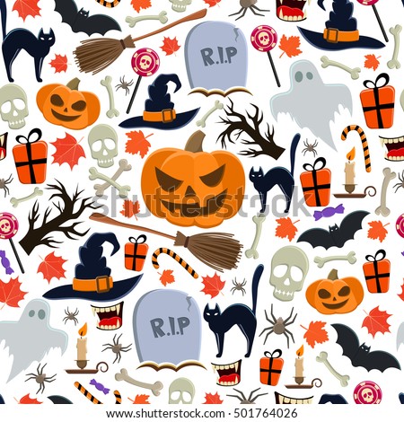 Seamless pattern of Halloween icons on a white background. Vector stock illustration.