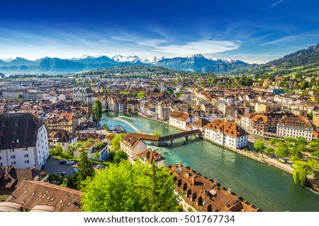 View to Pilatus mountain and historic city center of Luzern, Switzerland. Royalty-Free Stock Photo #501767734