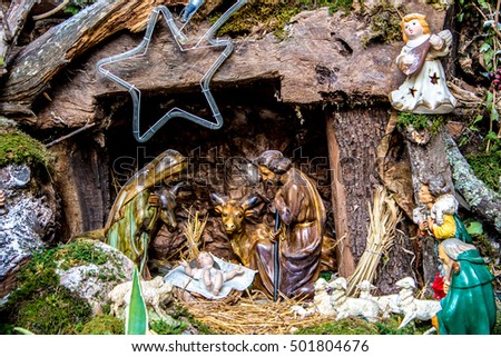 The christmas nativity scene represented with statuettes
