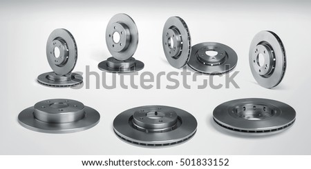 Set of brake disks on white background, car parts