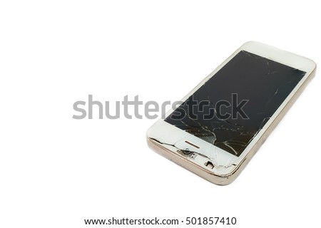 Cracked Screen Mobile Phone, Isolated on White Background, copy space for text or product display