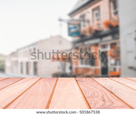 wooden table top over blurred  building  background in London, can be used for montage or display your products