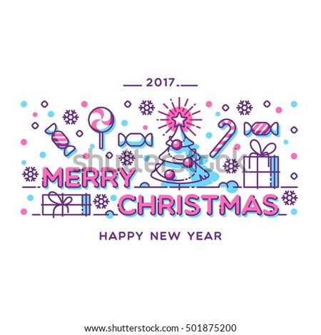 Merry Christmas outline style design. Vector illustration for holiday poster, flyer or Xmas and New Year greeting card.