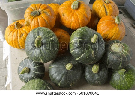 Pumpkins and gourds s for sale at a Farmers' market in Saskatoon, Saskatchewan Canada.