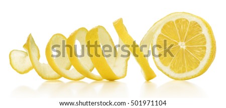 The lemon skin is twisted in a spiral with reflection on an isolated white background Royalty-Free Stock Photo #501971104