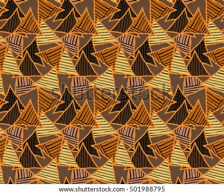 Striped triangles on brown overlapping.Hand drawn with ink seamless background.Creative handmade repainting design for fabric or textile.Geometric pattern with triangles.Vintage retro colors