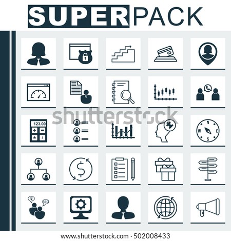Set Of 25 Universal Editable Icons For Hr, Marketing And Computer Hardware Topics. Includes Icons Such As Business Woman, SEO Brainstorm, Financial And More.