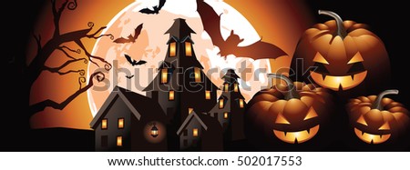Halloween background with pumpkins, full moon and haunted house. In social media format with room for your photo. EPS 10 vector.