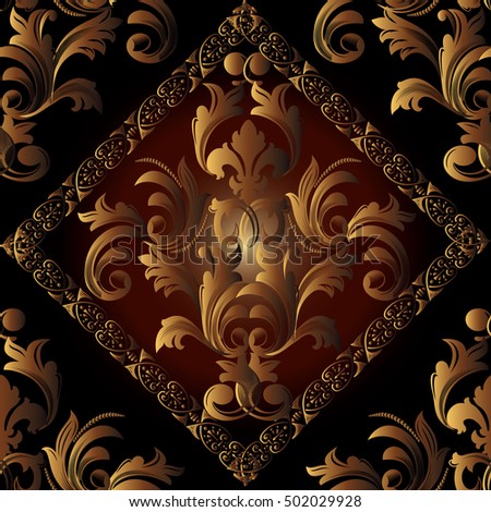Luxury modern baroque damask floral vector seamless pattern wallpaper illustration with vintage antique decorative gold 3d baroque flowers leaves frames and ornaments.Damask pattern.Damask floral