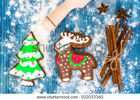 Abstract Christmas and New Year Background with Old Vintage Wooden Boards and Gingerbread Studio Photo