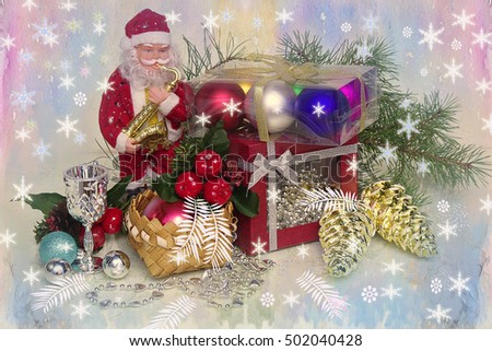 New year picture.Santa Claus and Christmas decorations .