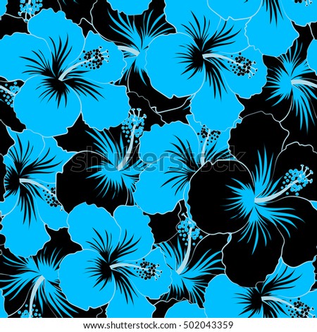 Vector seamless pattern of tropical hibiscus flowers in black and blue colors with watercolor effect.