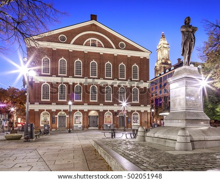 The historic Georgian architecture of the Faneuil Hall in Boston, Massachusetts, USA at Night.