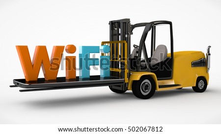 image forklift driven smartphone with Wi Fi icon on a white background, 3D rendering 
